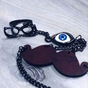 Unusual Moustache Eyeball Nerd Glasses Whimsical Slave Bracelet and Ring